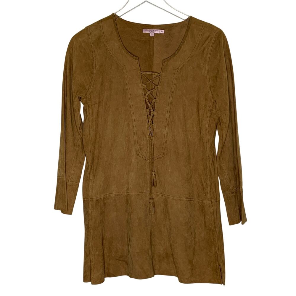 Calypso St. Barth Suede Leather Lace Up Collar Tunic Dress XS Brown Western